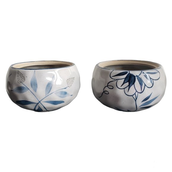 Round Grey & Blue Japanese Style Glazed Ceramic Planters ~ For Bonsai Succulents - Picture 2 of 9